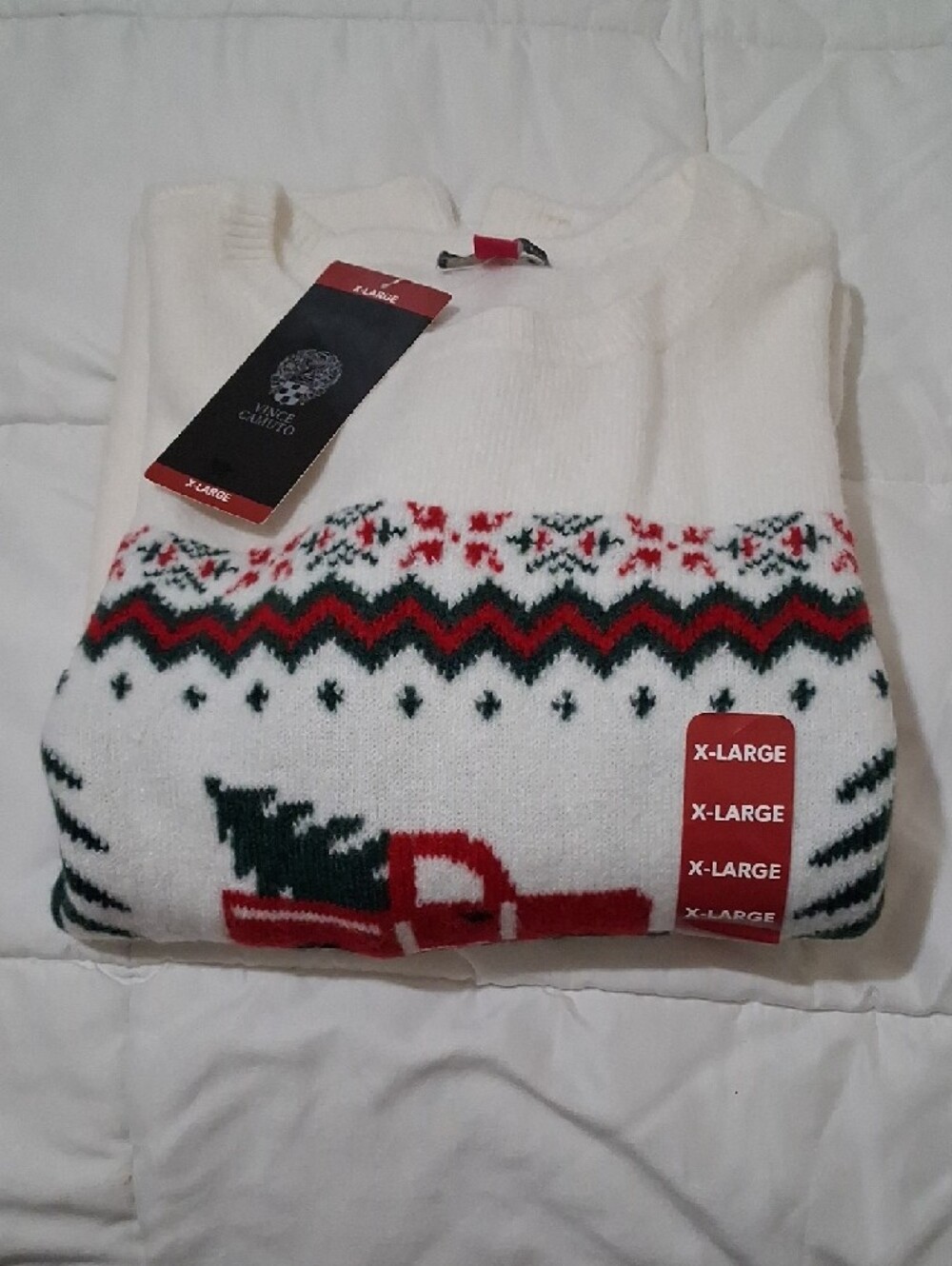 Vince Camuto Cream Holiday Sweater with Red Truck and Green Trees XL